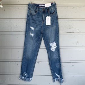 NWT CELLO JEAN STRAIGHT LEG DISTRESSED RAW/FRINGE HEM HIGH WAIST DESIGNED IN LA